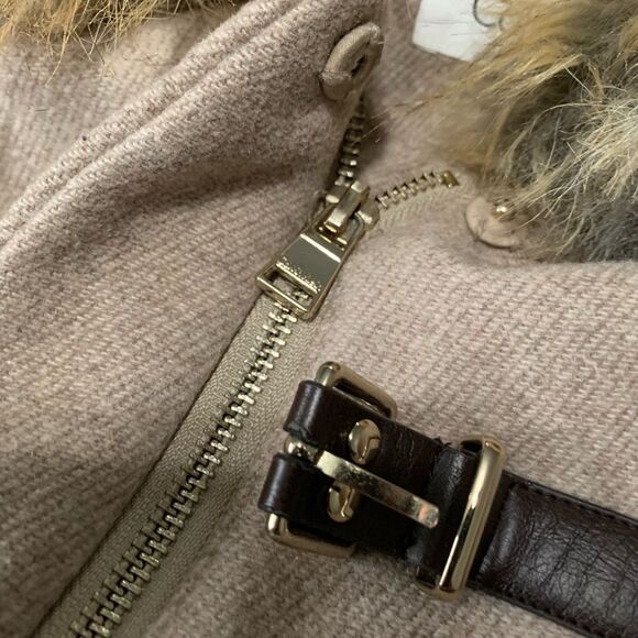 Calvin‎ Klein Beige Wool Blend Full Zip Womens Coat Size Large Jacket Fur Hood - Picture 7 of 8